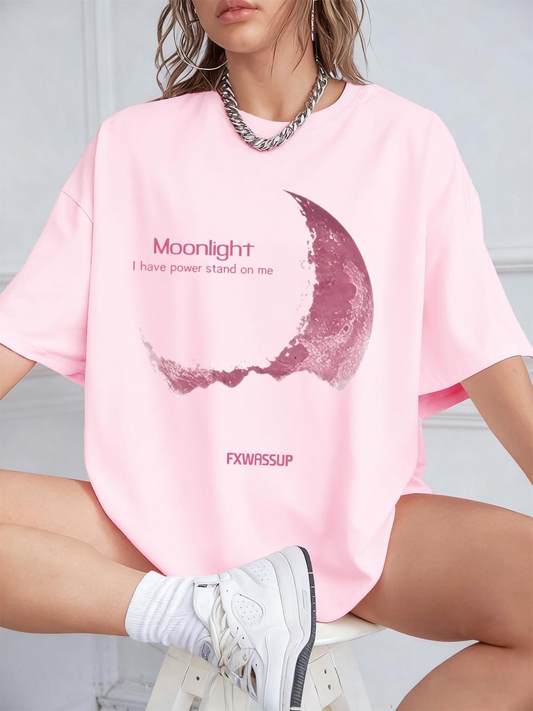 Plus Beautiful Moonlight Prints T-Shirts Womens Summer Cotton Short Sleeve T Shirt O-Neck Comfortable Loose Tops Casual Clothes