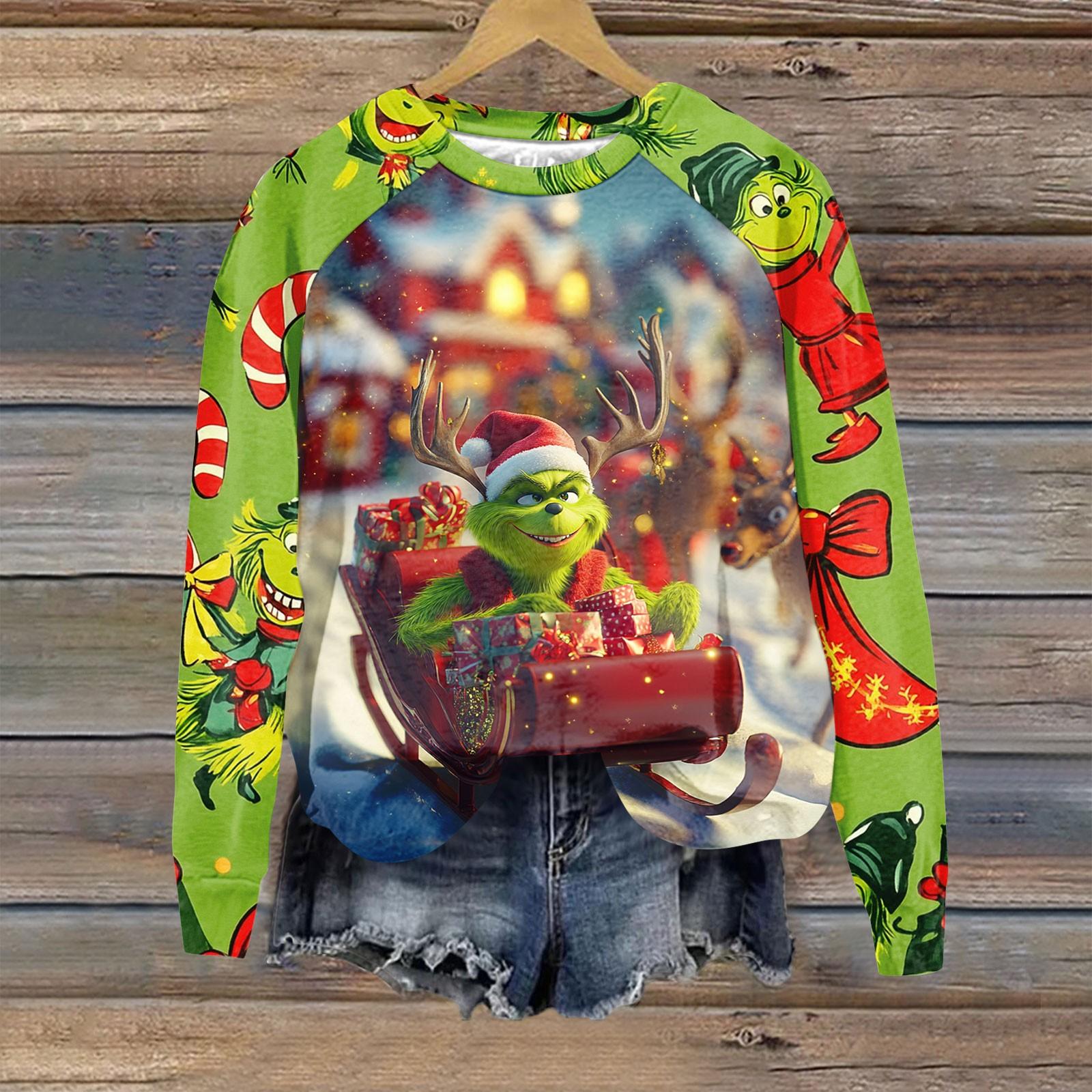 

Женская мода повседневная толстовка с длинным рукавом и принтом рождественского Гринчмаса с круглым вырезом и реглан L