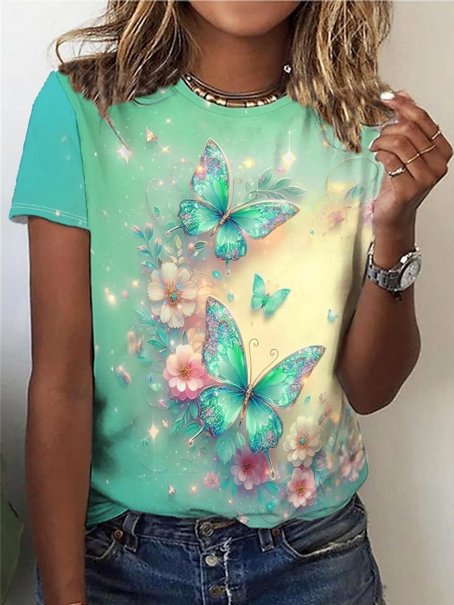 Women s Tee - Shimmering Butterfly & Floral Graphic, Enchanted Pastel Garden Design for Casual Daily Wear S