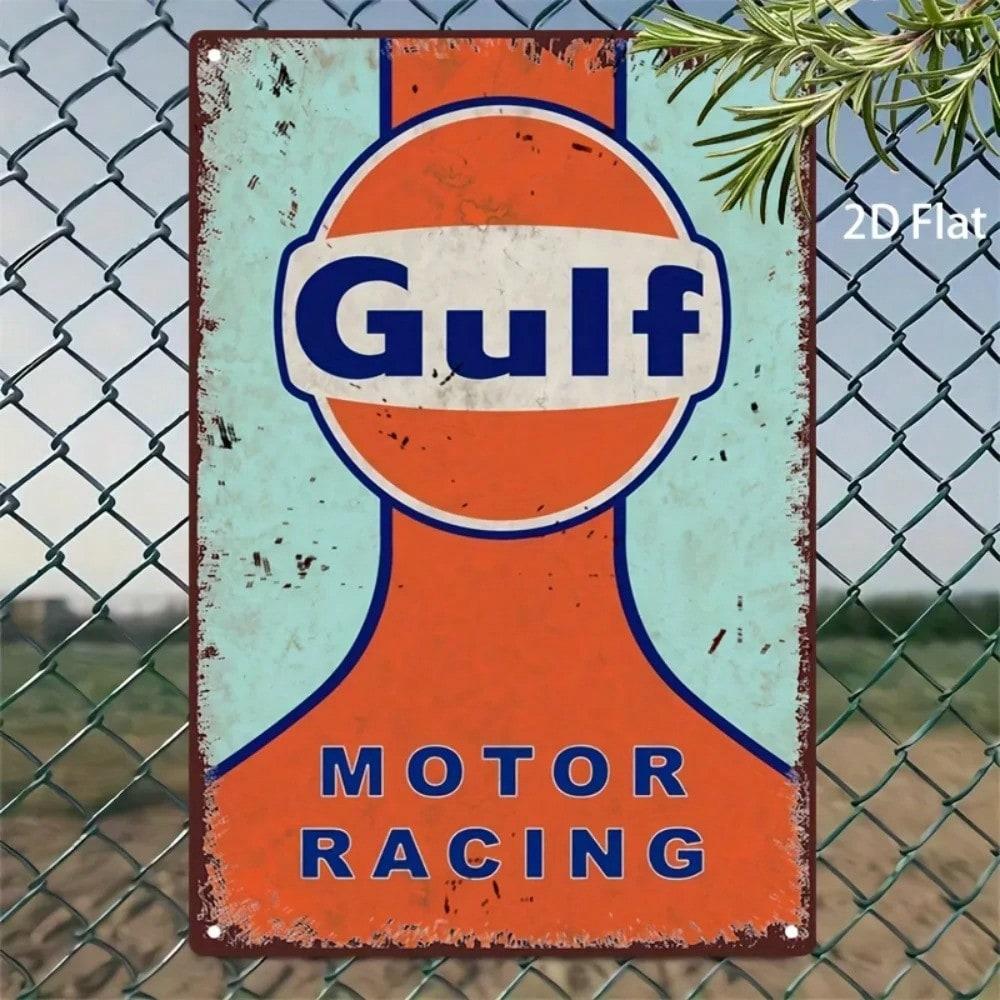 Placca in Latta Vintage Gulf Racing, Arte da Parete Metallica Retrò per Decorazione Garage Bar