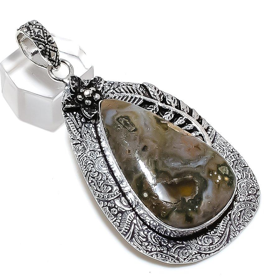 Natural Ocean Jasper Gemstone Handmade 925 Sterling Silver Pendant 2.76" o1G11