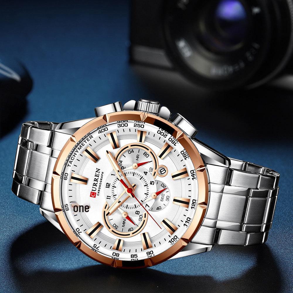 CURREN 8363 Men's Waterproof Quartz Steel Band Watch with Multifunctional Seven-Needle Design and Calendar/Weekday Display.