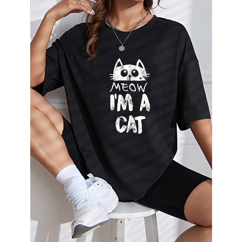 White Short Sleeve T Shirt With Cat Print For Casual Wear