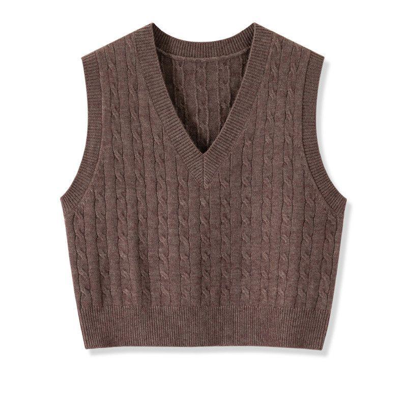 Women's Korean Style V-Neck Cable Knit Sleeveless Sweater Vest for Autumn/Spring