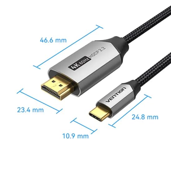 VENTION USB-C HDMI Cable, 2m, Black, HDCP Compatible, Aluminum Alloy, Cotton Braided