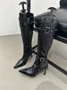 Fashion Knee High Boots Boots for Women Cool Metal Pointed Toe High Heels Fashion Western Boots Female Rivet Buckle Sexy Ladies Booties