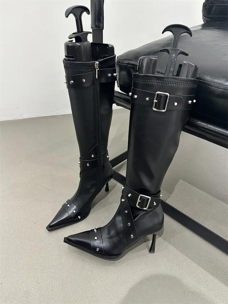 Fashion Knee High Boots Boots for Women Cool Metal Pointed Toe High Heels Fashion Western Boots Female Rivet Buckle Sexy Ladies Booties