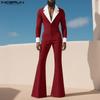 Oversized Men Long Sleeve Stitching Slim Waist Casual Long Flare Rompers Jumpsuits