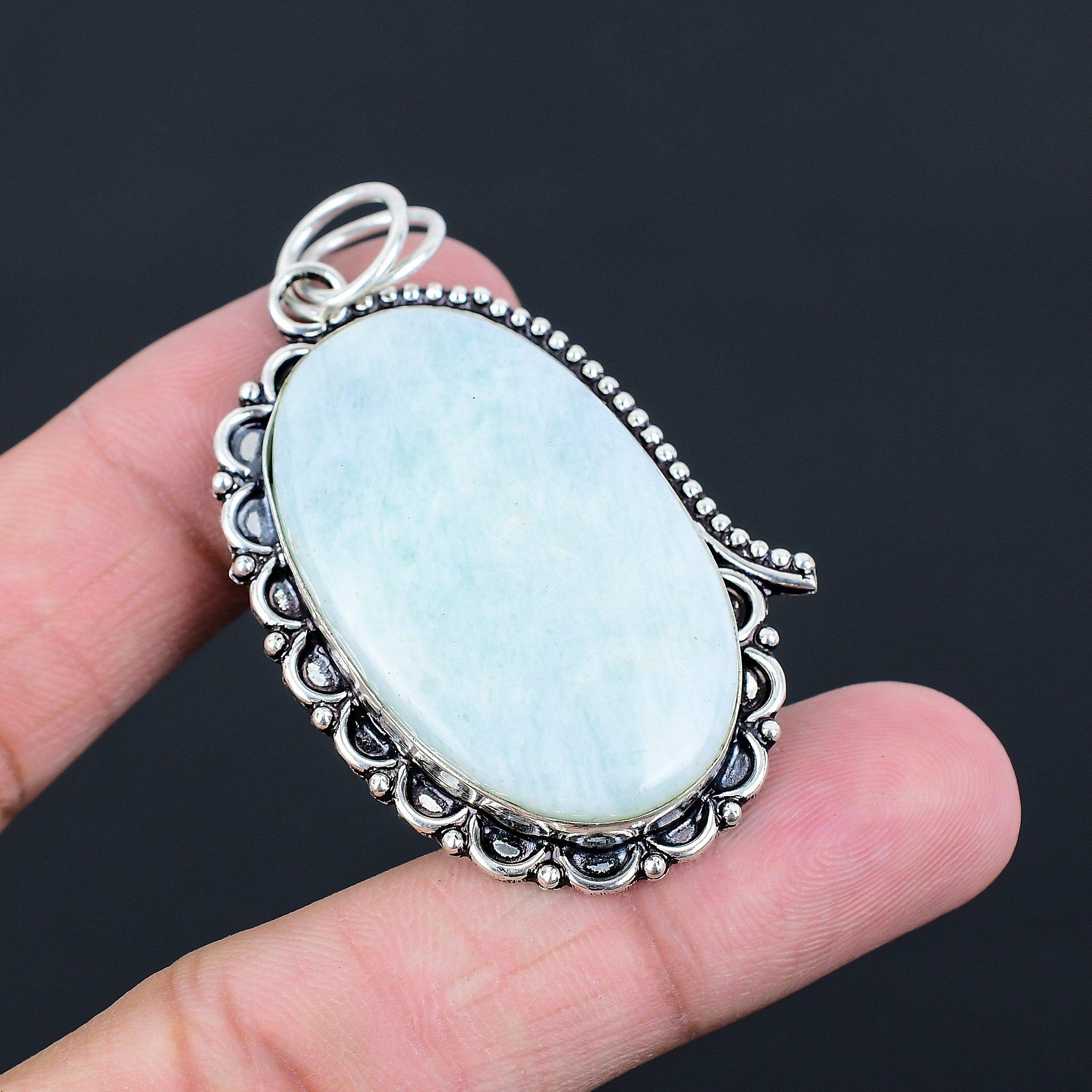 Daughters Day Sale Oval Amazonite Gemstone 925 Silver Birthday Pendant Jewelry