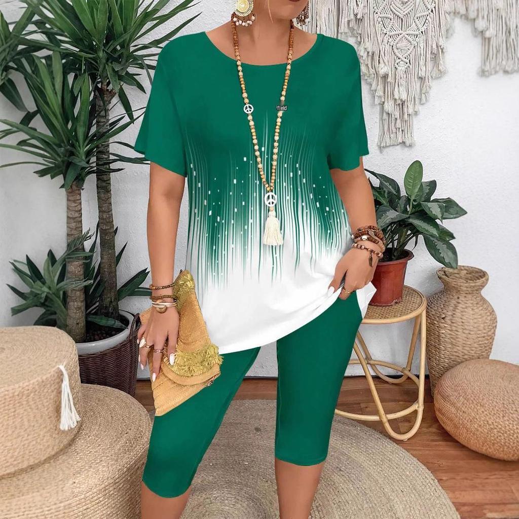 European & American Plus Size Gradient Short Sleeve Top and Mid-Length Shorts Two-Piece Set for Summer