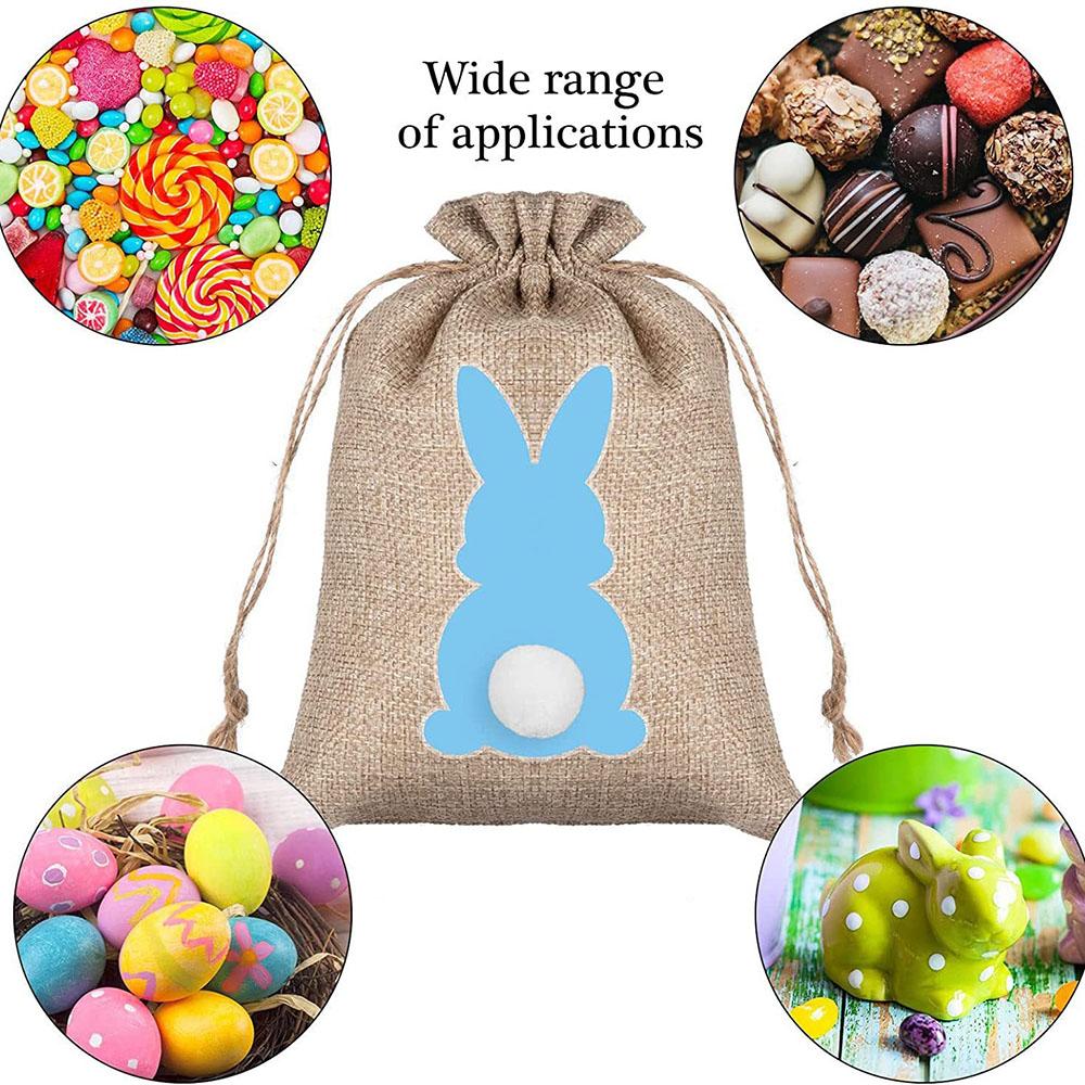 6pcs Easter Bunny Tail HAPPY EAST Party Candy Box Linen Drawstring Bundle Pocket Gift Basket