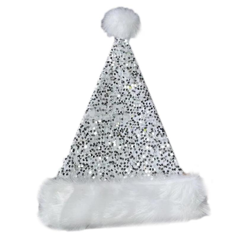 

Adult Santa Hat with Sequins Thicken Plush for Holiday Comfort Liner Christmas New Year Symbol Cap with White Brim