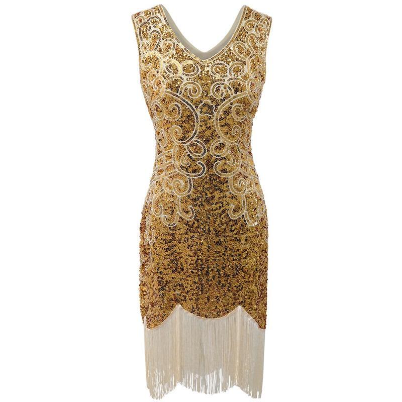 S Vintage Gatsby Sequin Dress Gala Dress Tassel Dress Double V-Neck Dress Stage Performance Costume