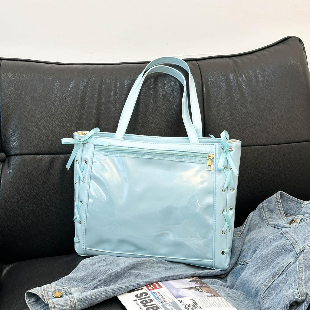 This Year's Popular Ribbon Bow 2025 Cute Large-capacity Splicing Transparent Fashion Shoulder Portable Tote Bag