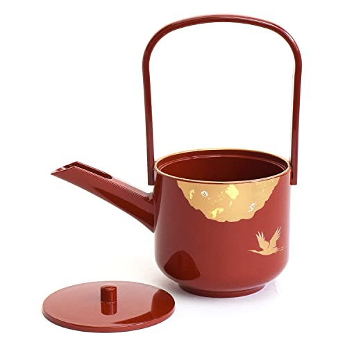 Maeju Lacquerware Toso Set, Shining Vermilion Red with Crane and Phlogopite Design, Includes Sake Cup, Choshi, and Toso Stand, Traditional Craftsmansh