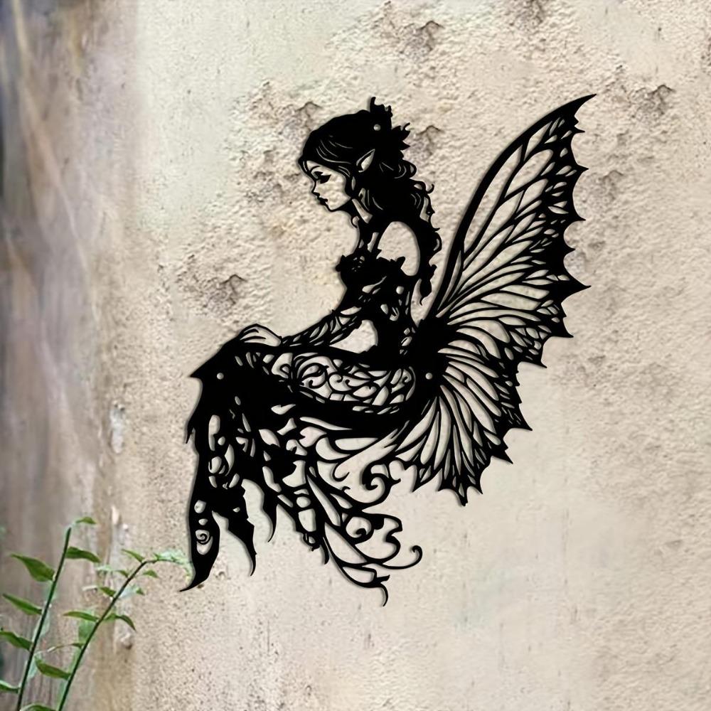 Art Deco Iron Wall Art Metal Sculpture Elf Silhouette Butterfly Wings Garden Patio Decor