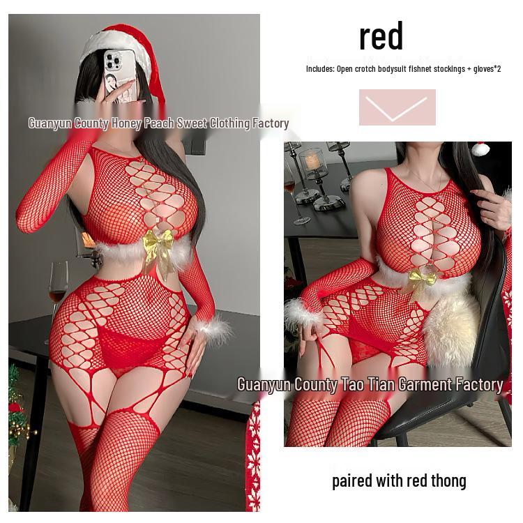 Red Furry Bodysuit with Gold Bow & New Year Fishnet Stockings