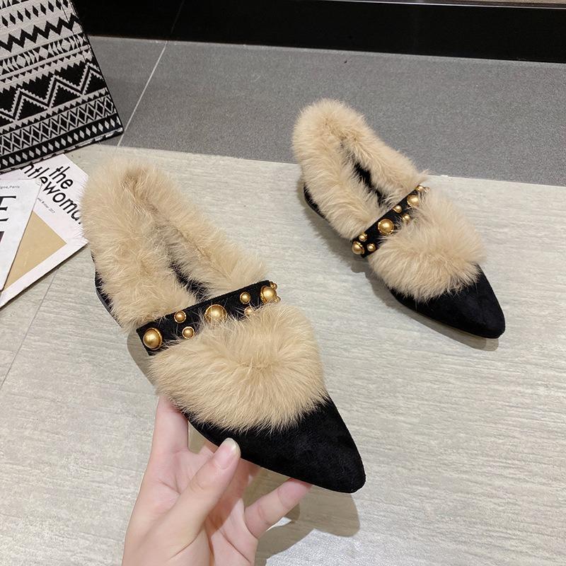 Mode Winter Neu Damen Spitzzehen Nieten Dicke Absätze Loafer Retro Stil Warm Lässig Slipper Klobige Schuhe Damenschuhe Damenstiefel
