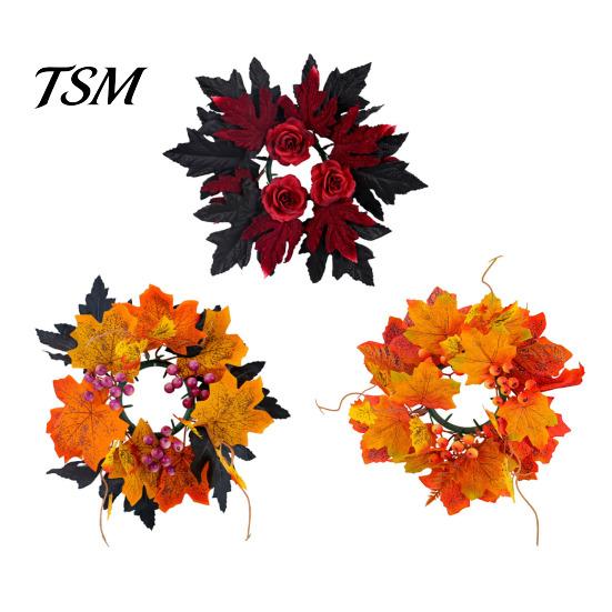 Reusable Plastic Props Halloween Floral Candle Ring, Artificial Maple Rose Wreath for Festive Atmosphere Decorations Holder, Spooky Table Centerpiece