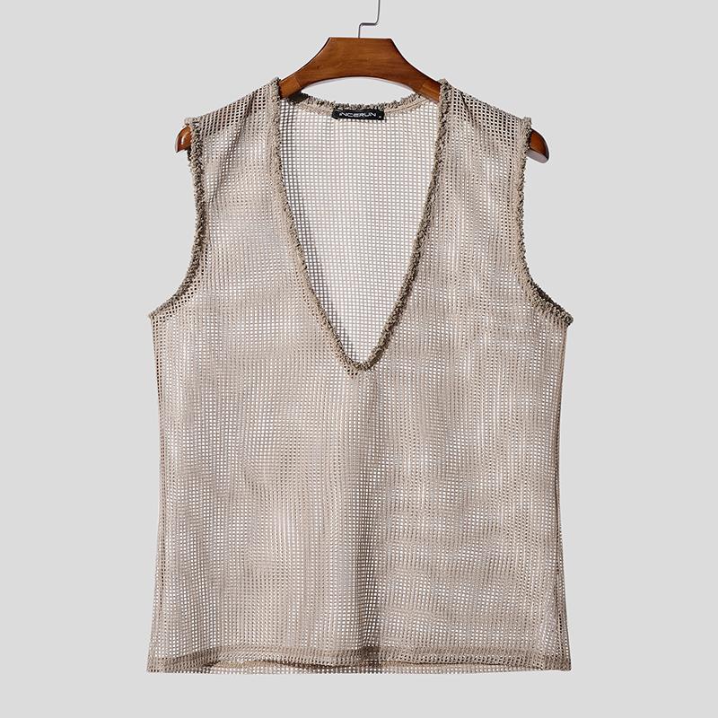 INCERUN Herren Tief V-Ausschnitt Ärmellos Durchsichtig Hohl Netz Tanktops