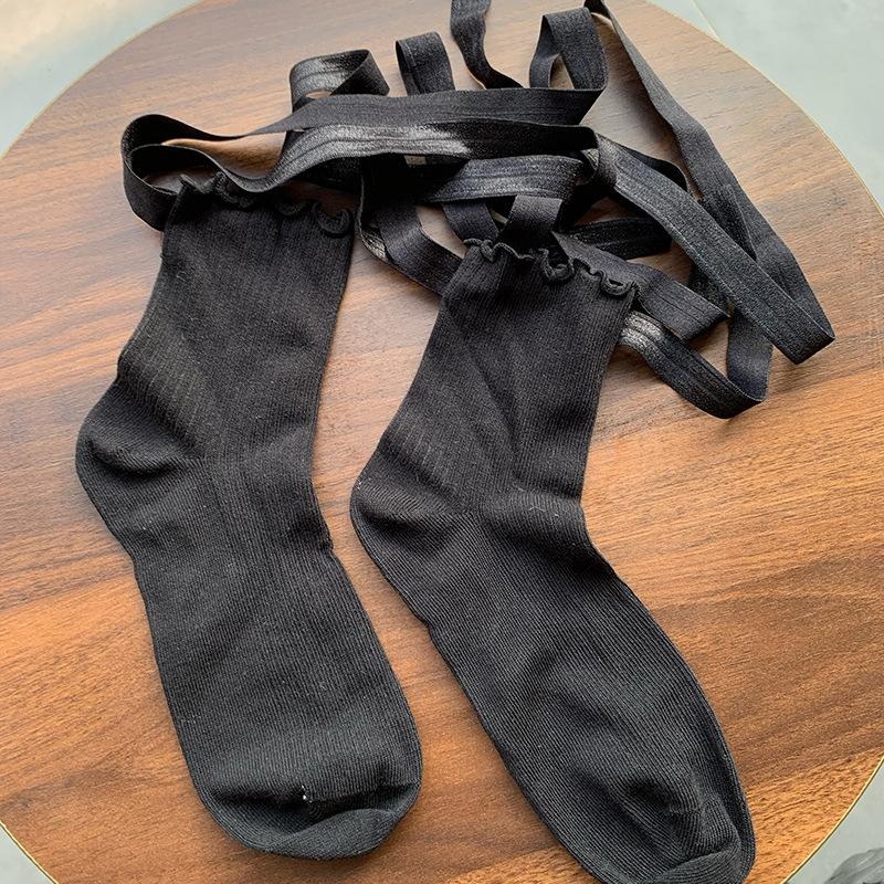 Balletcore Lace-Up Socks with Ruffled Cuff, Sweet Lolita Ribbed Crew Socks for Women, Y2K Aesthetic Leg Warmers Accessories
