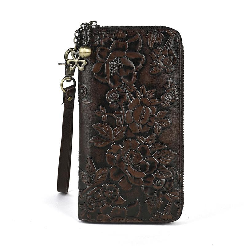 Vintage New Flower and Plant Embossed Long Leather Wallet Handbag Women's Head Layer Leather Leather