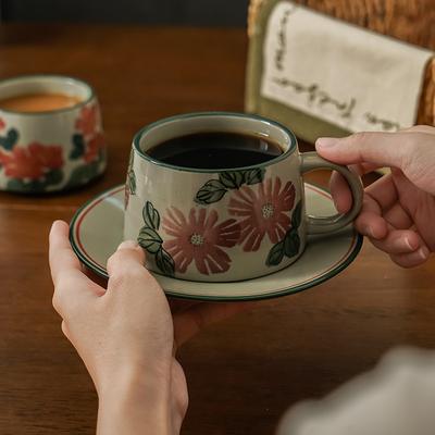 Ins reduktion gebrannte Keramik Latte Tasse Becher grobe Keramik einfach Nachmittagstee Kaffeetasse Untertasse mittelalterliche Blumen