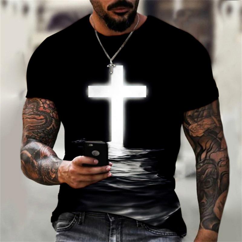 T-shirt da uomo Croce grafica Gesù Cristo Stampa 3d Maglietta da uomo Retro Classic a maniche corte Sciolto Personalità Top oversize