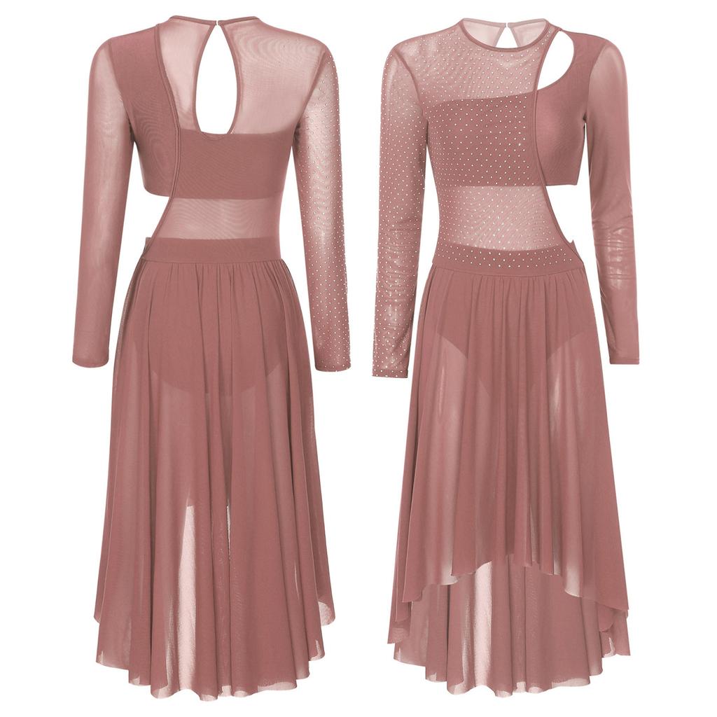 Justaucorps De Danse Femme à Manches Longues Avec Strass - Tissu Brillant, Fermeture Dos, Pour Ballet, Patinage, Scène