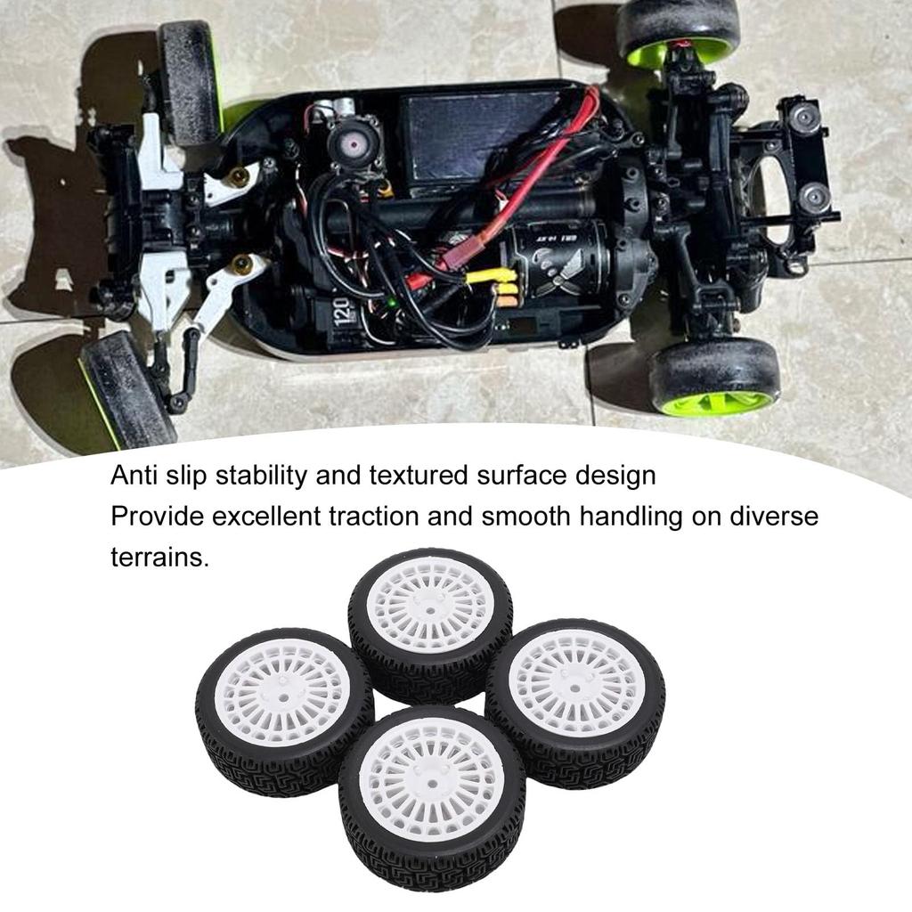 MEAPUXIN Set of 4 1/10 RC Rally Car Tires, Replacement Wheel Rims for Tamiya TT01 and Xv02, 70mm Heavy-Duty Plastic Maze Pattern Tires (White)