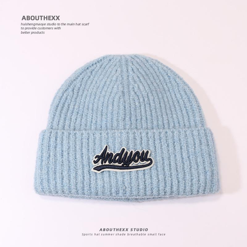 Autumn and Winter Wool Hat for Women's Letters Versatile Knitted Hat Korean Style Fashion Ear Protection Warm Hat Outdoor Student Pullover Hat