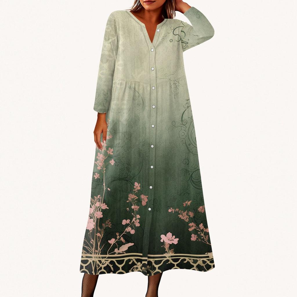 Women's Fashionable Printed Round Neck Seven Quarter Sleeve Button Loose Shirt Dress