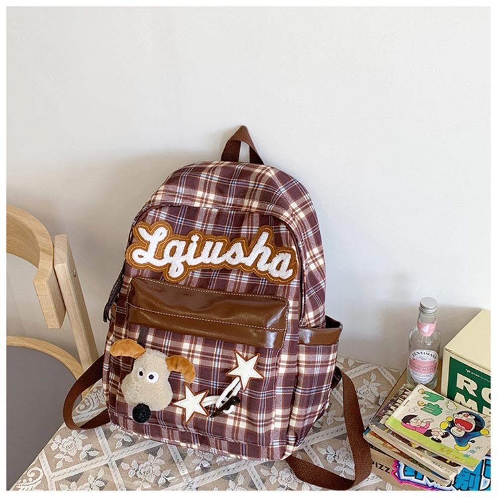 Vintage autumn and winter college style plaid puppy schoolbag ins versatile girls high-value college students class backpack хаки
