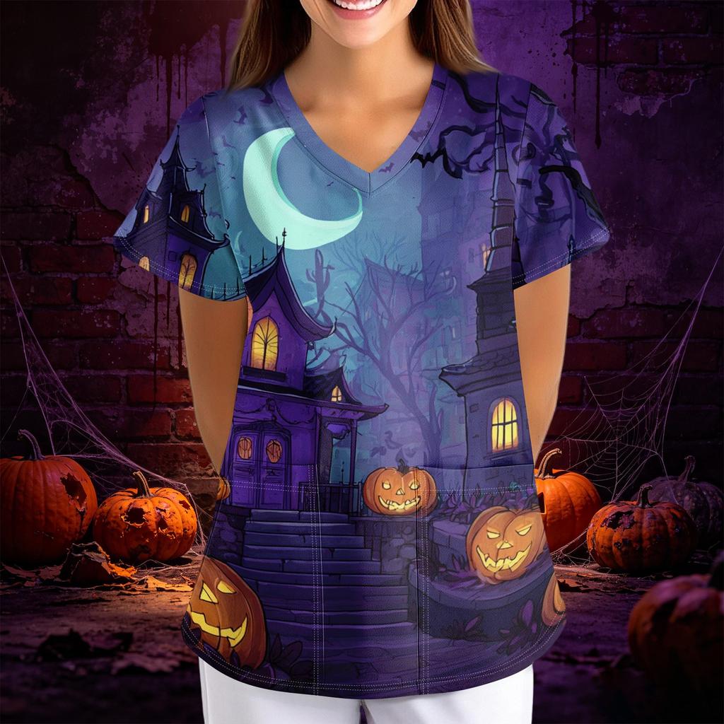 Women Halloween Print Loose Fit V Neck Short Sleeve Scrub Top with Pockets for Healthcare Professionals Comfortable Workwear