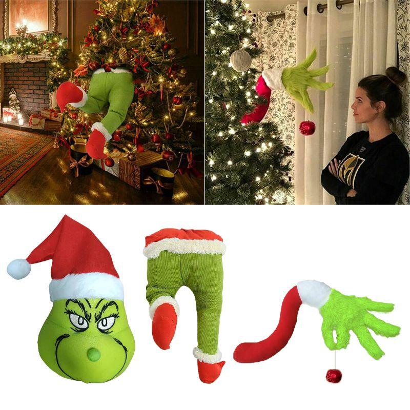 Charming Grinch Christmas Decorations Furry Green Leg And Head Tree Ornament Set