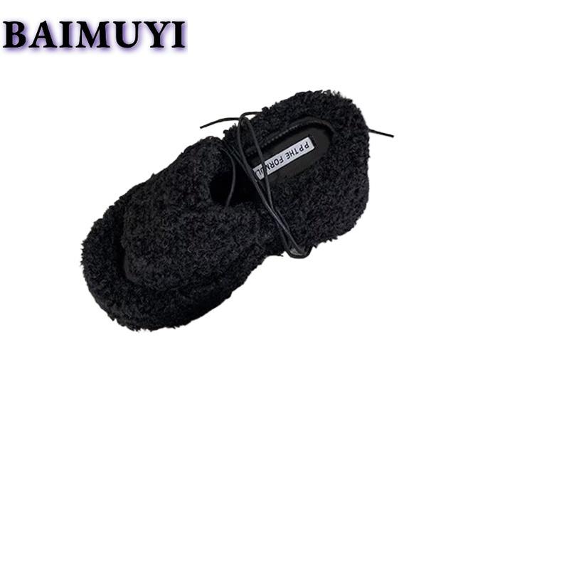 Fur Platform Wedges Women Slippers High Heels Shoes 2025 Trend Slingback Open Toe Short Plush Flip Flops Pumps Mujer Zapatos