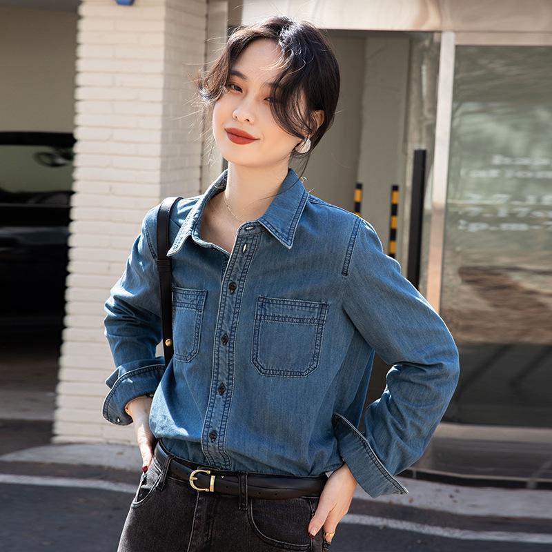 2025 Women's Chic Retro Denim Shirt - Soft Cotton, Long Sleeve, French Style for Spring/Autumn