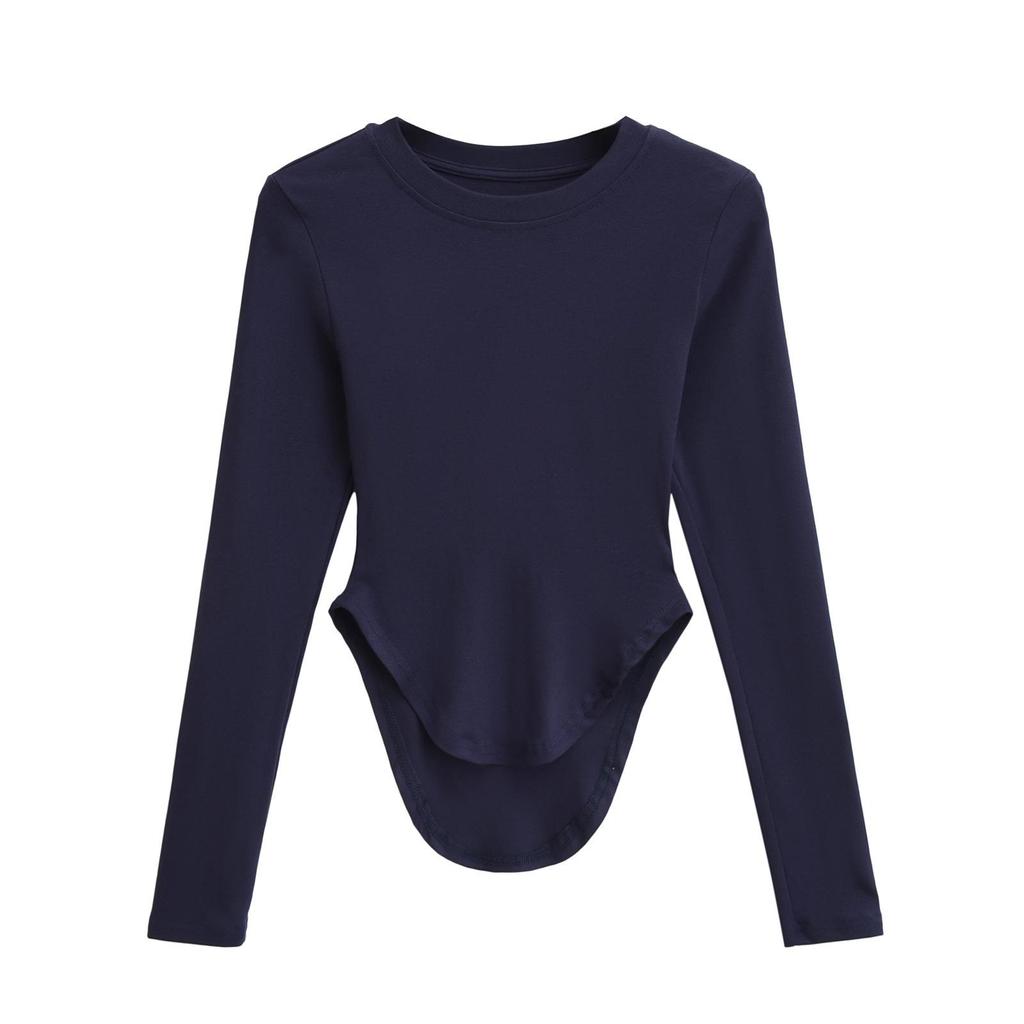 Women's Pilates Crew Neck Long Sleeve Yoga Top - Curved Hem, Spring/Summer Style