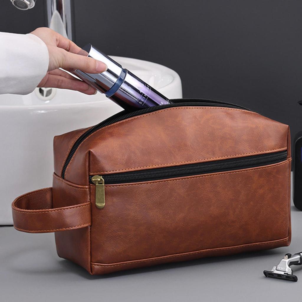 Men Leather Travel Business Shaving Cosmetic Pouch Strorage Bag Portable Toiletry Bag Large Capacity Organizer Handheld Toiletry Kits