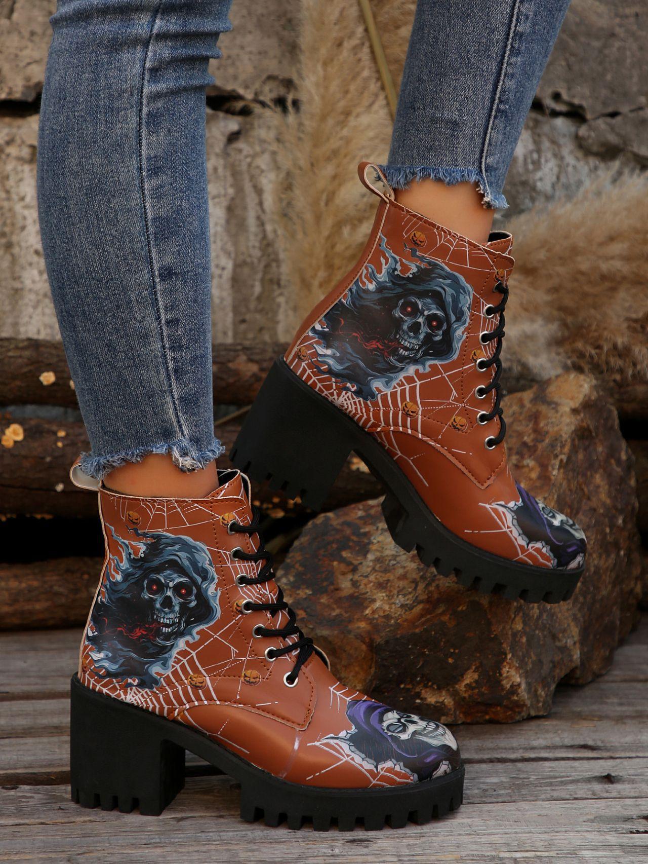 

2025 толстый каблук круглый носок женские короткие сапоги осень и зима новый принтованный узор на шнуровке ботинки Martin женские 43