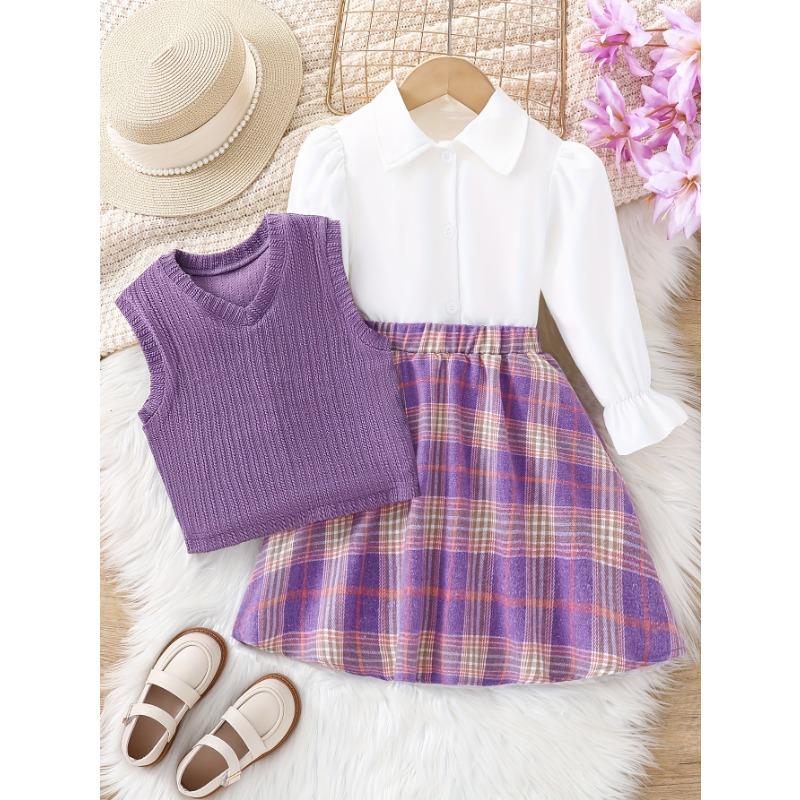 

Girls Autumn Fashion Preppy Three-Piece Set: Sleeveless Blouse with Ruffled Collar, Solid Cardigan, And Plaid Skirt - Ideal for Casual 140cm фиолетовый