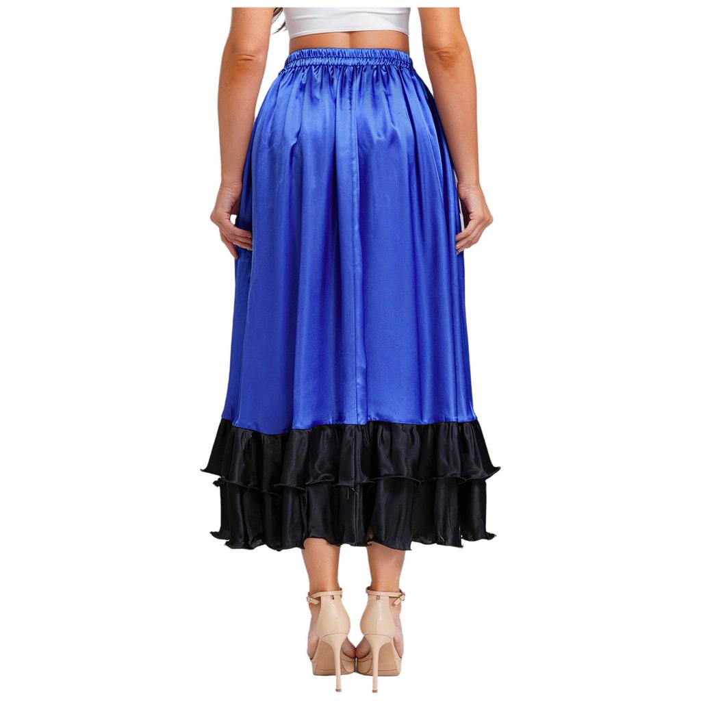 Ladies Spanish Dance Skirt Flamenco Style Ruffled Trim Irregular Hem Satin Elastic Waist Big Swing Skirt