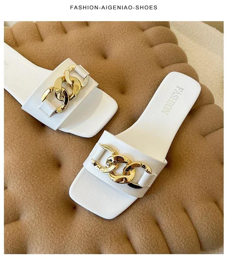 Summer Fashion Modern Slippers Women Flat Pleated Solid Leather Chain Decoration Rubber Sole Sexy Slides Ladies Summer Footwear