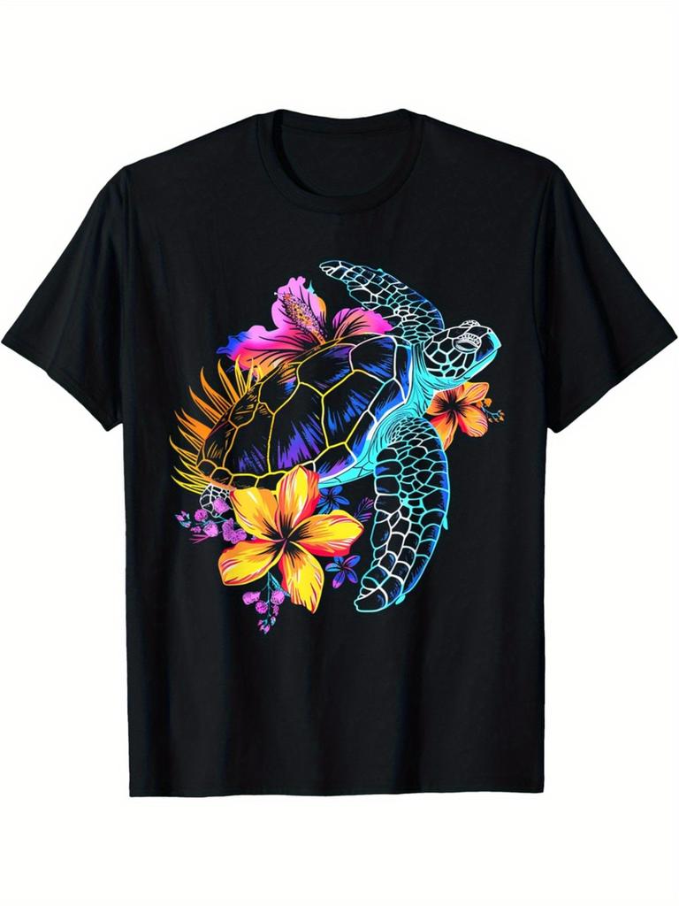 Vintage Graphic 100 Cotton TShirt Turtle With Tropical Flowers Summer