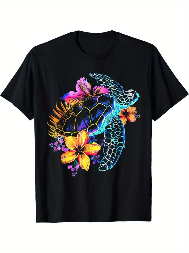 Vintage Graphic 100 Cotton TShirt Turtle With Tropical Flowers Summer M
