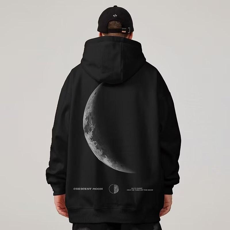 M-8XL Herren Übergröße Pullover Hoodie Modisch Locker Amerikanisch Retro Halbmond Druck Langarm Paar Outfit