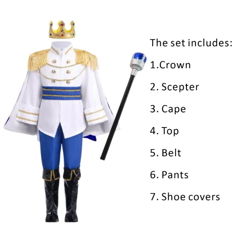 Ensemble de costume médiéval Roi Prince Rouge Bleu 7 Pièces Avec Couronne Sceptre Cape Pour Fête Royale d'Halloween Déguisement Performance 140 bleu