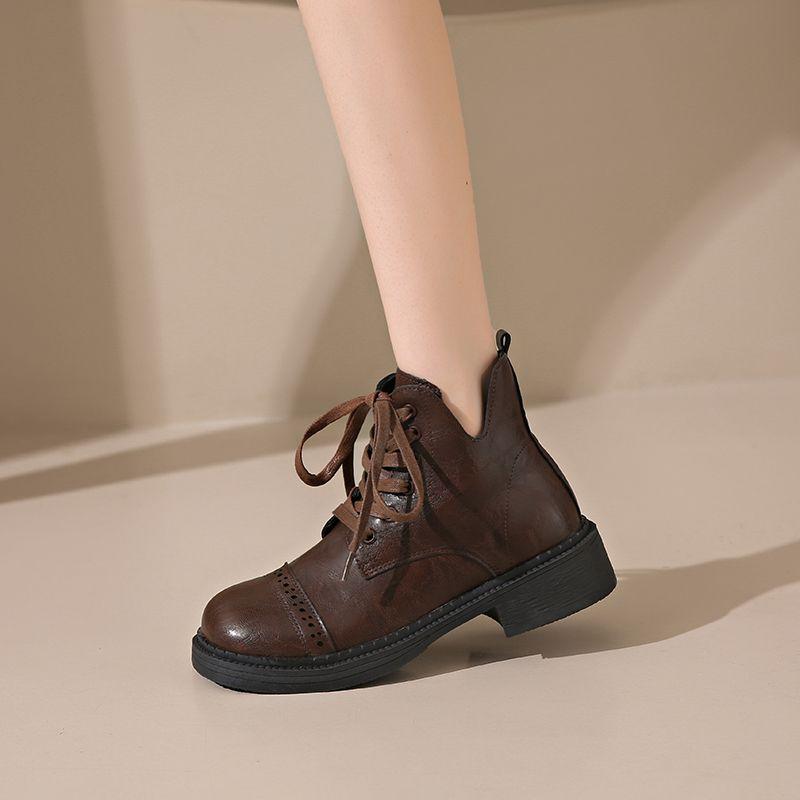 Spring Autumn Lace-up Round Toe Ankle Boots for Women Elegant with Low Heels Leather Booties Designer Luxury Woman Short Shoes