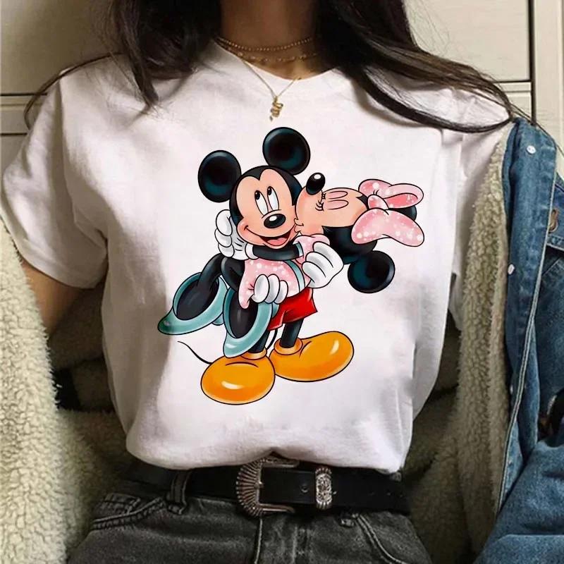 Funny Disney Women T-shirt Cute Cartoon Mickey Minnie Graphic Casual Short Sleeve T Shirt Female Kawaii Loose Y2K Clothing Tops