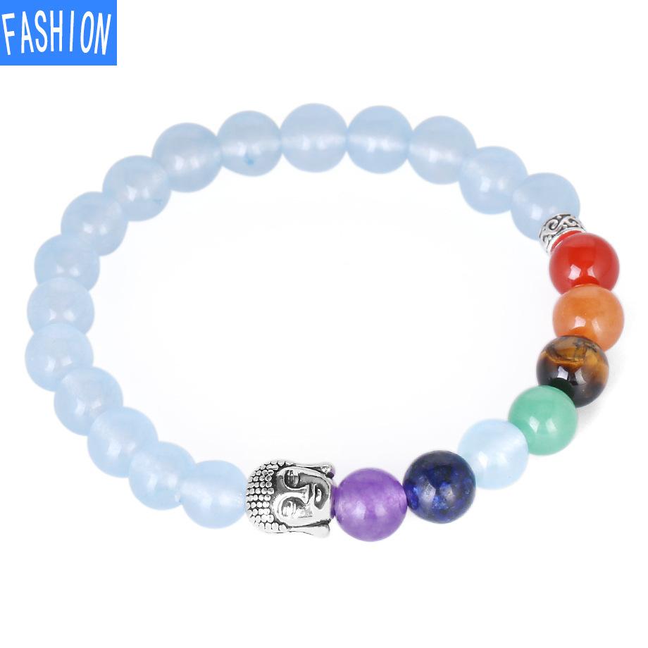 Chakra Bracelet Natural Aquamarine Stone Copper Buddha's Head Charm Crystal Bracelet Elastic Bracelet